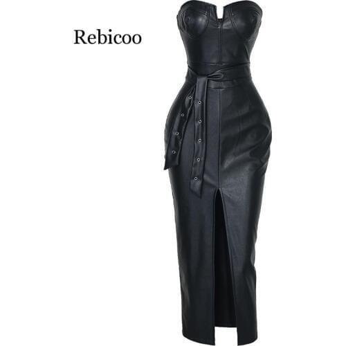 Sexy Backless Off Shoulder PU Leather Midi Dress Women High Split Black Tight Party Dress Summer Club Wear Low Cut Bodycon Dress