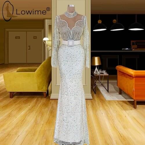 Dubai Long Sleeve Mermaid Evening Dresses High Neck Beading Evening Gowns Wedding Party Dresses Turkish Kaftans