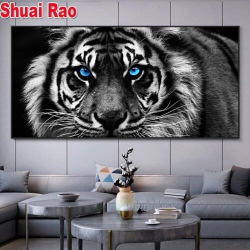 Diamond Embroidery Black White Tiger Blue Eyes 5D Diamond Painting Cross Stitch Kits Animal Art Picture for Living Room decor