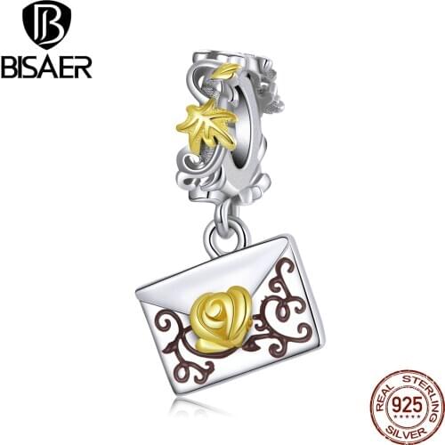Bisaer Exquisite Envelope Charms 925 Sterling Silver Flower Letter Bead Charm Fit Original 925 Bracelet Fine Jewelry Gift EFC410