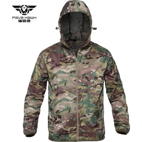 Tactical Hooded Camouflage Skin Clothing Mens Outdoor Spring Summer Hunting Hiking Sun Protective Anti-UV Windbreaker Jacket
