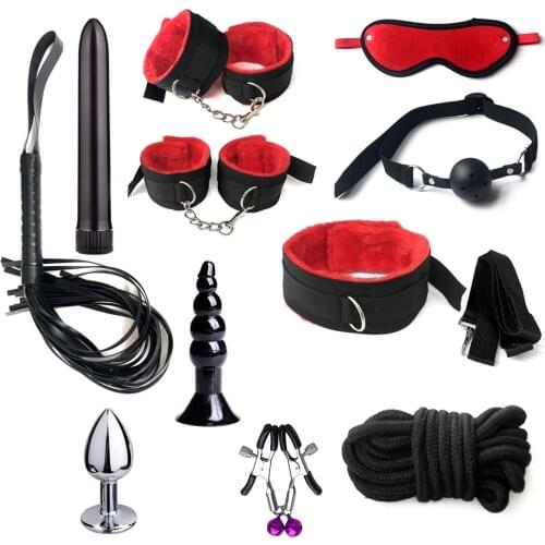 Male Leather Bondage Set 11 Pcs Adult Games Slave Handcuffs Footcuff Whip Blindfold Long Leash