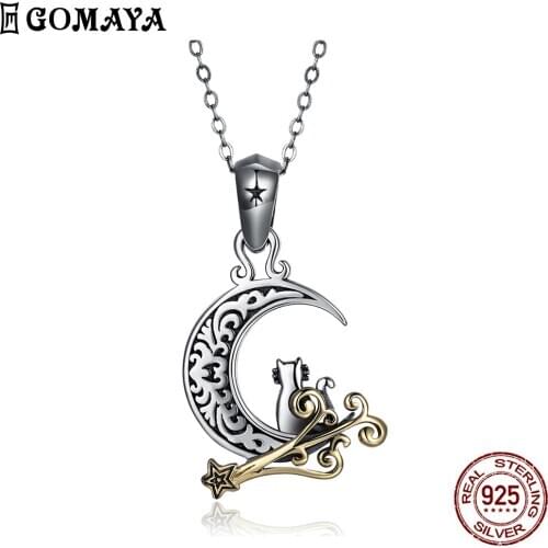 GOMAYA 925 Sterling Silver Vintage Necklace For Men Moon And Lovely Cat Pendant Unisex Punk Necklace Party Daily Decoration 2020