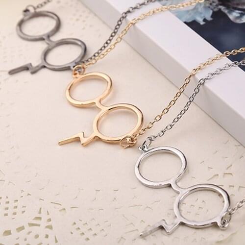 Glasses Necklace Lightning Bolt Scar Thunderbolt Black Gun Gold Silver Color Pendant Fashion Movie Jewelry Men Women Wholesale