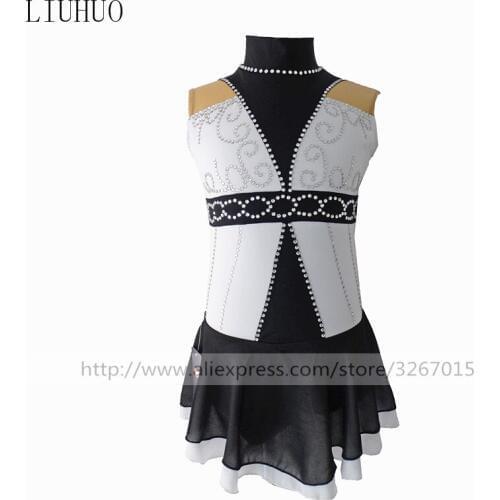Figure Skating Dress Womens Girls' Ice Skating Dress Stand collar sleeveless style black and white Artificial delicate diamond