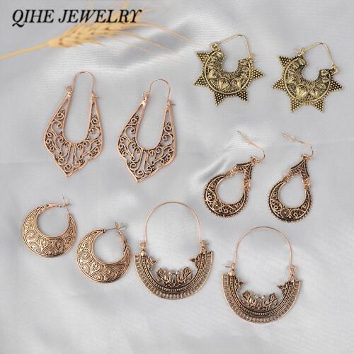 QIHE JEWELRY Ancient Bohemian Filigree Earrings Boho Vintage Ethnic Hollow Chandelier Earrings for women
