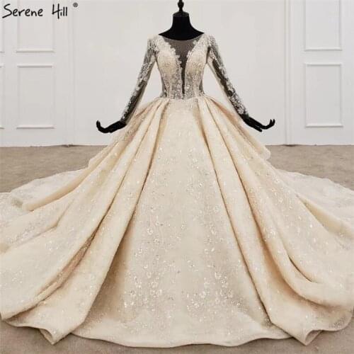 Dubai High-end Champagne Luxury Wedding Dresses 2021 Long Sleeves Sparkle Sequins Bridal Gowns HX0061 Custom Made