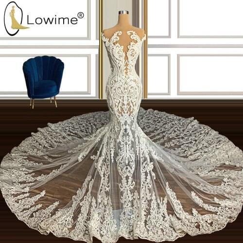 Sexy See Through Mermaid Lace Wedding Dresses Illusion O Neck Chapel Train Luxury Pearls Bridal Gowns Custom Made