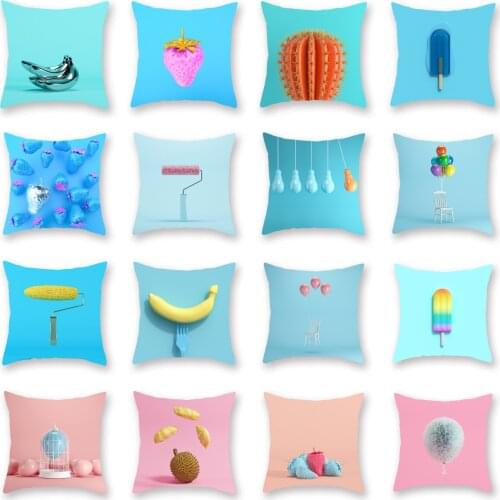 Modern Nordic Fresh Simple Candy Color Blue Pillow Cover Polyester Bright Pink Blue Cushion Cover Fruit Print Throw Pillows Case