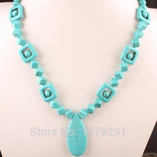 Unique Green Howlite Stone Drop Pendant Bead Necklace 20"L
