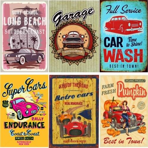 Vintage Garage Retro Car Sign Tin Sign Metal Plaques Wall Art Craft Home Decoration Pub Cafe Club Bedroom Painting Iron Plates