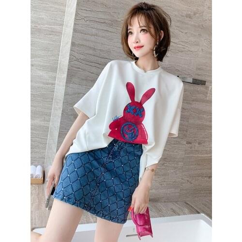 Top Quality Hot diamond rabbit print T Compassionate+New summer womens denim skirt with Lingge embossed sequins