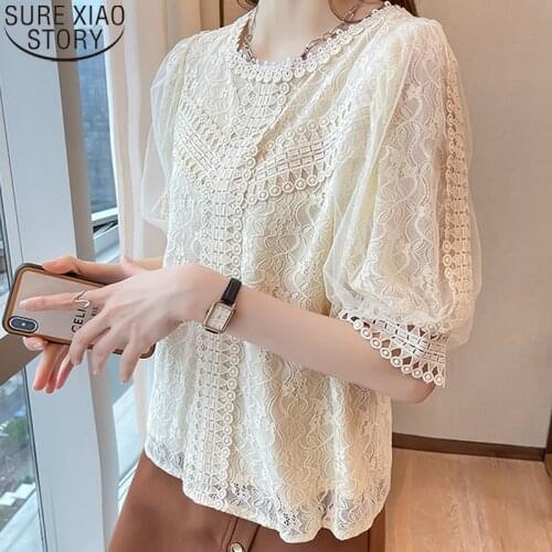 Casual Tops Sweet Short Sleeve Blouses 2021 New Summer Chiffon Lace Blouse Women Shirt Fashion Clothes O-neck Blusas Mujer 15272