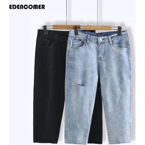 Large Size Womens Korean Version of The Retro Hole High-elastic Jeans 2021 Summer Loose Comfortable Casual Seven-point Pants