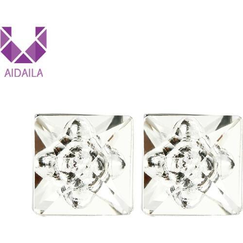 Flower Shape Inside Square Stud Earrings White Rhinestone Glass Metal for Women Office Ladies Jewellery Statement Earings Modern