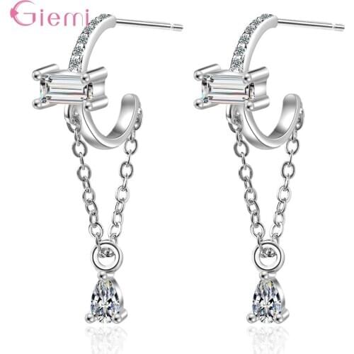 Popular Earring Pendientes for Women Femme Water Drop White Topaz 925 Sterling Silver Long Chain Pierced Jewelry