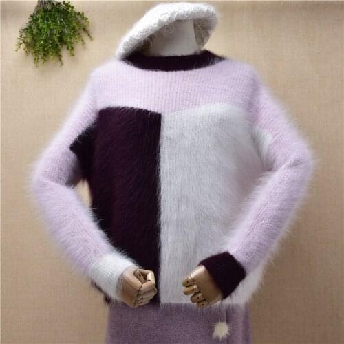 Ladies women fashion sweet pink colored hairy mink cashmere knitted long sleeves loose pullover angora fur winter jumper sweater