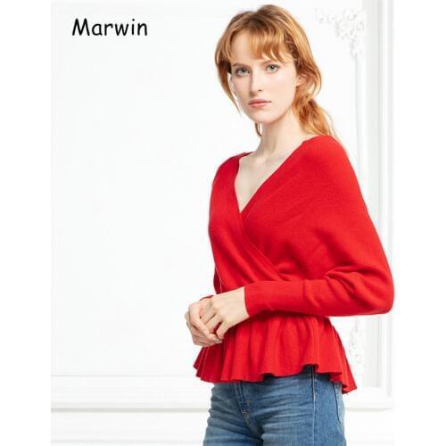 Marwin 2019 New-Coming Autumn Winter Solid High Street Style V-Neck Ruched Criss-Cross Women Pullovers Female Sweaters