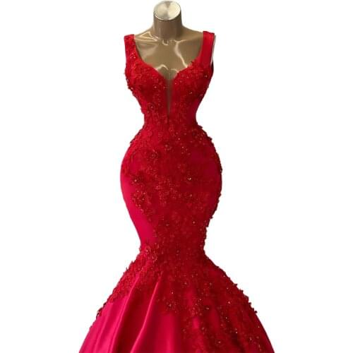 Beaded Lace Flowers Red Mermaid Elegant Dress Women For Wedding Party vestidos de promoción vestidos de graduación Prom Gown