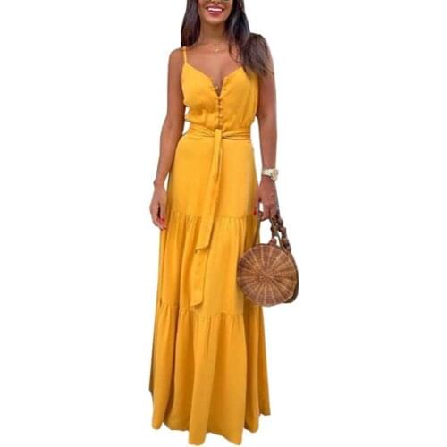 50% Hot Sales Summer Beach Bohemian Women Solid Color Sleeveless V Neck Belted Maxi Dress