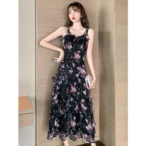 Summer New Korean Version Of The Ins Net Red Same Paragraph Womens Slim Dress Bohemia Travel Retro Printing Long Dress