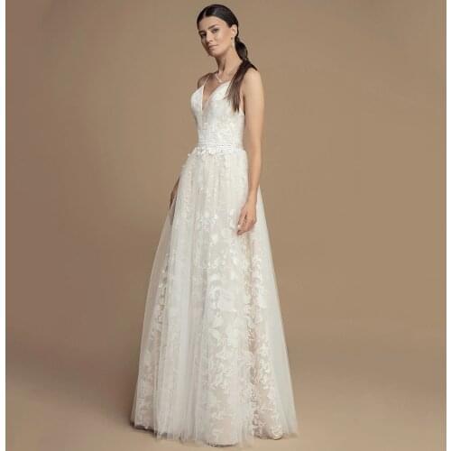 Elegant Floor Length A-Line Tulle Wedding Dress Sleeveless 2021 Deep V-Neck Spaghetti Straps Backless Bridal Gowns