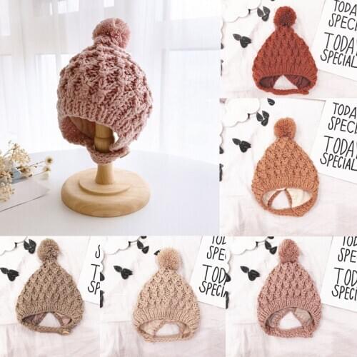 KLV Winter Warm Baby Cap Fur Ball Pompom Beanies Cap Ear Protection Knitted Solid Color Hat for Kids Children Girls Boys
