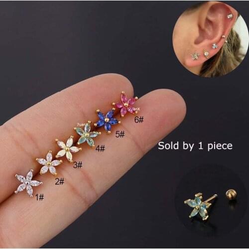 1 Piece Colorful Zircon Flower Earrings 20G Stainless Steel Helix Lobe Piercing with Screw Ball