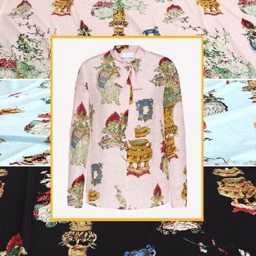 145 cm wide retro stretch satin printed polyester diy ladies shirt children fashion fabric cloth for dress by the meter sewing