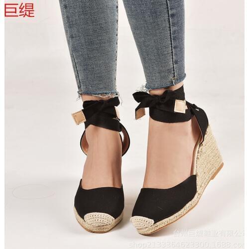 2019 Hemp Rope Wedge Heel Sandals Cross with Denim Lace Shoes Casual Fisherman Shoes Female