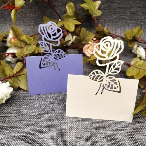 50Pcs Hollow Out Pearlescent Paper Rose Flower Table Card Laser Cutting Wedding Seat Card Invitation Letter Greeting Card red6Z