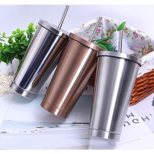 500ml Stainless Steel Cup with Lid Drinking Straw Travel Mug Portable Coffee Tea Milk Tumbler Drinkware