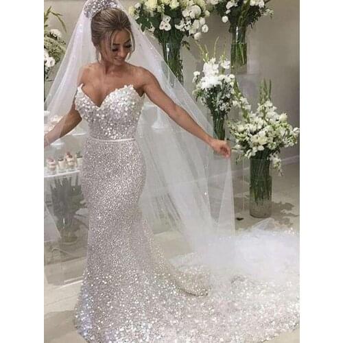 Sparkle White Sequin Strapless Sexy Mermaid Wedding Dresses 2020 Luxury Plus Size illusion Wedding Dress Bridal Gowns Vestidos