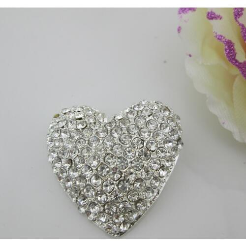 BT304 38mm)5pcs Silver Large Heart Metal Rhinestone Buttons
