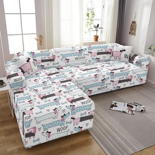 Cartoon Puppy Printing L-Shaped Sofa Cover Dachshund Dustproof Living Room Sofa Protective Cover Elastic Cover Corner Sofa Cover