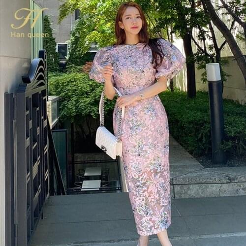 H Han Queen Womens 2021 New Lantern Sleeve Print Dress O-Neck Evening Party Dresses Elegant Organza Work Casual Long Vestidos