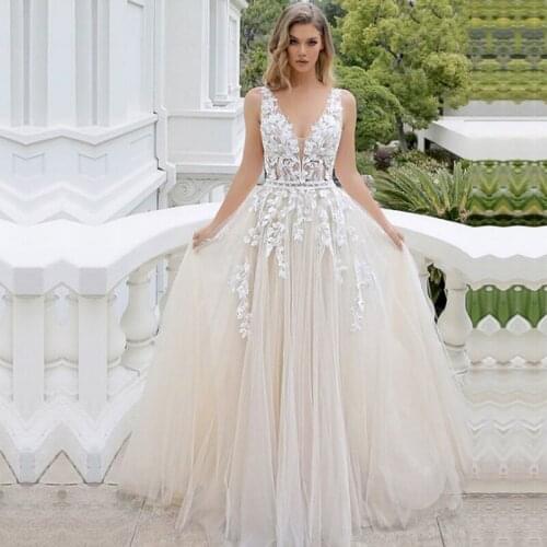 V Neck Tulle Wedding Gown Appliques Lace Wedding Dresses With Lace Appliques Bridal Gowns 2021 Champagne Vestido de Noiva