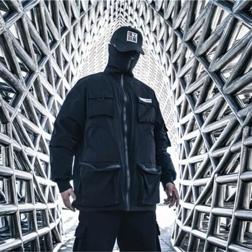Techwear Streetwear Hip Hop Turtleneck Jacket Men Padded Black Loose Oversized Harajuku Punk Multi Pockets Casual Tactical Coat