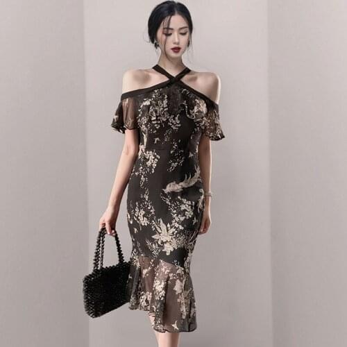 Summer Chiffon Dress For Women New Hot Ruffles Floral Printing Slim Mermaid Dresses Off Shoulder Halter Package Hip Black Dress