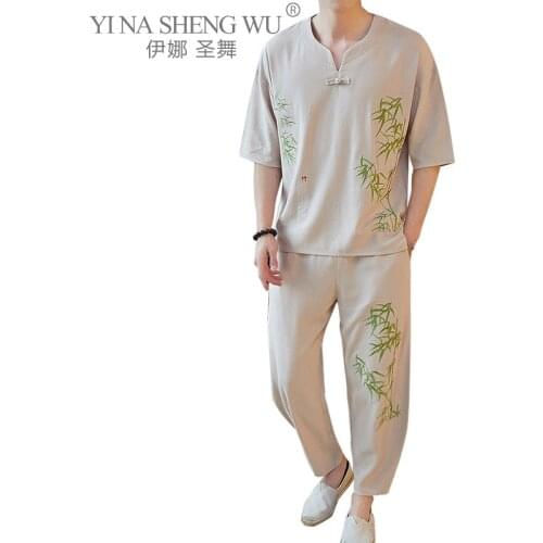 Summer Japanese Kimono Menswear Pants Half-sleeved T-shirt Suit Men Japan Print Chinese Harajuku Style Clothes Sets New Costumes