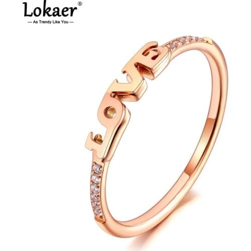 Lokaer Trendy Titanium Stainless Steel Love Letter Rings Rose Gold CZ Crystal Wedding Engagement Ring For Women Girls R20071
