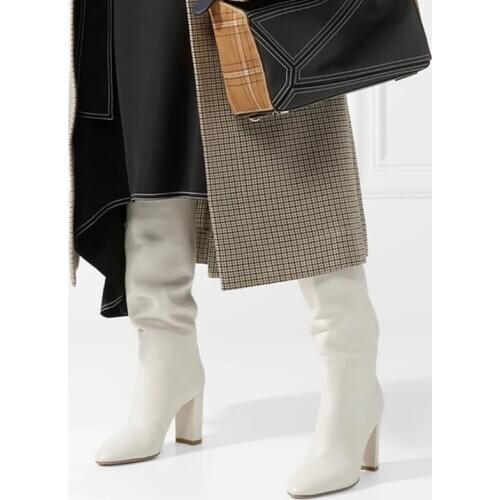 Matte Beige Block Heel Boots Knee High Round Toe Slip On Runway Dress Ladies Shoes Custom Made Square Heel Winter Women Boots