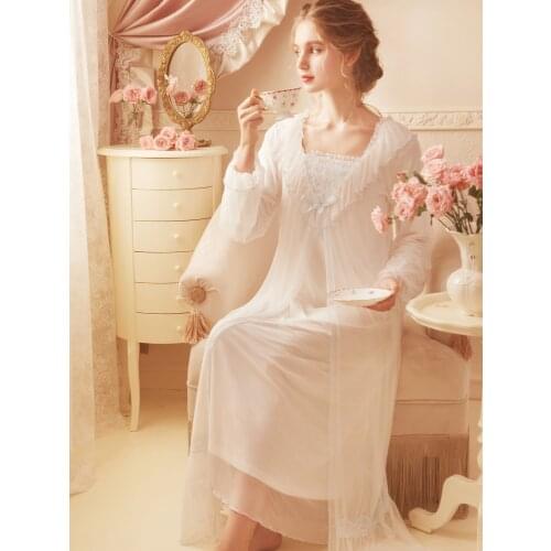 Free Shipping 2021 NEW Vintage Royal Nightgowns Womens Long White Pijamas Gril Sweet Sleepwear Lace Slip pijama feminino