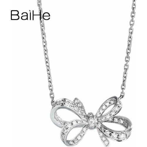 BAIHE Solid 18K White/Rose/Yellow Gold 0.16ct Round cut Natural Diamonds Wedding Gift Fine Jewelry bowknot Diamond Necklaces