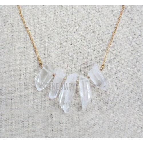 H-QN76 Clear Crystal Quartz Point Pendant Chain Necklace Gold or Silver Spike Statement Necklace 18 inch