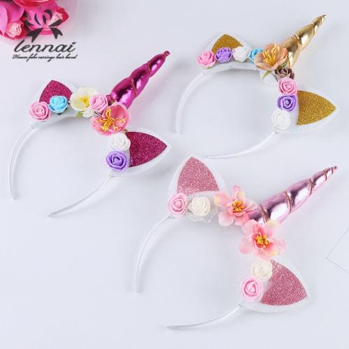 2019 New Brand Cute Kids Women Sweet Flower Unicorn Horn Hair Band Headband Birthday Party Flower Floral Headwear Crown