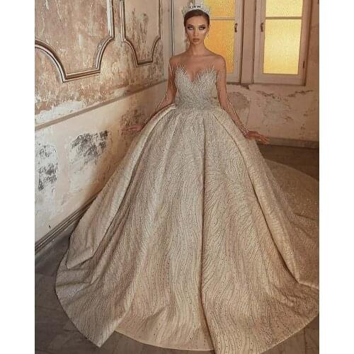 Luxury Wedding Dresses Illussion O Neck Beaded Stones Long Sleeve Pleated Ball Gown Lace Vestidos De Novais