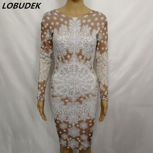 Snowflake Pattern Pearls Long Sleeve Dress Women Stars Singer Host Nightclub Bar Sexy Stage Clothing Birthday Celebration Dress