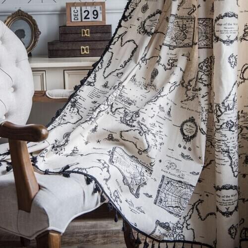 Modern Semi Blackout Curtain With Tassel For Living Room Blinds French Windows Cotton Finished Curtains Map Pattern