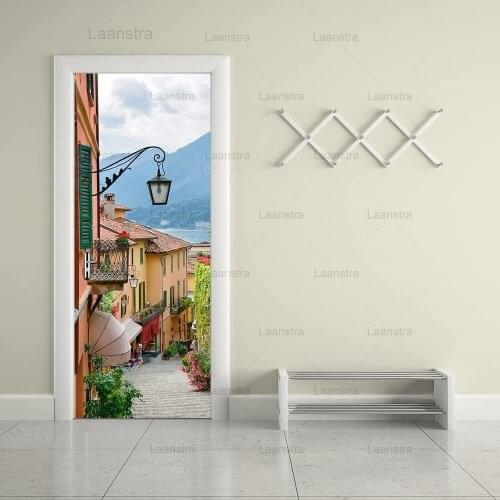Quiet European Town Street Door Stickers Home Decor Living Room Bedroom Beautiful Scenery Door Decals Street Light Wall Poster